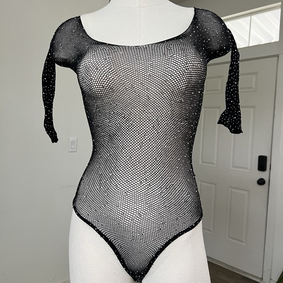 Womens Sheer Mesh Leotard Rhinestone Long Sleeve‎ Bodysuit Fishnet Grunge Rave - Picture 1 of 16